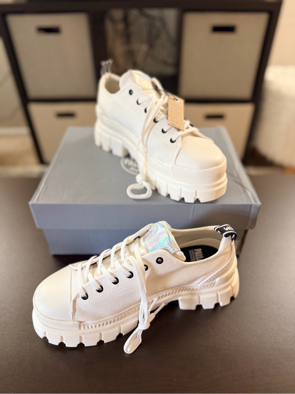 Palladium White Chunky Platform Sneakers with Iridescent Tongue